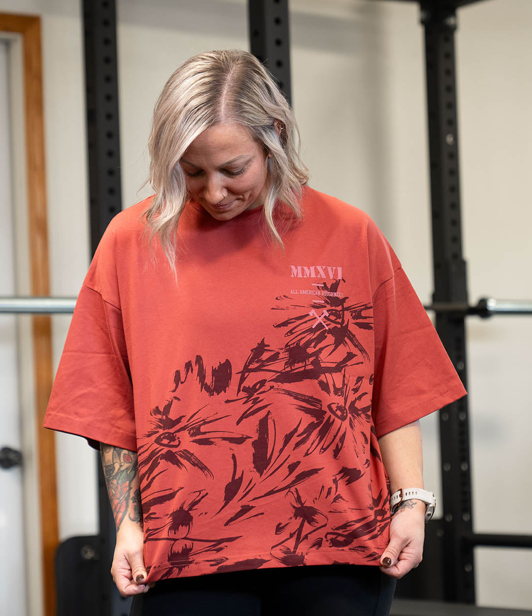 Women's Painted Flower Crop Drop Shoulder Tee