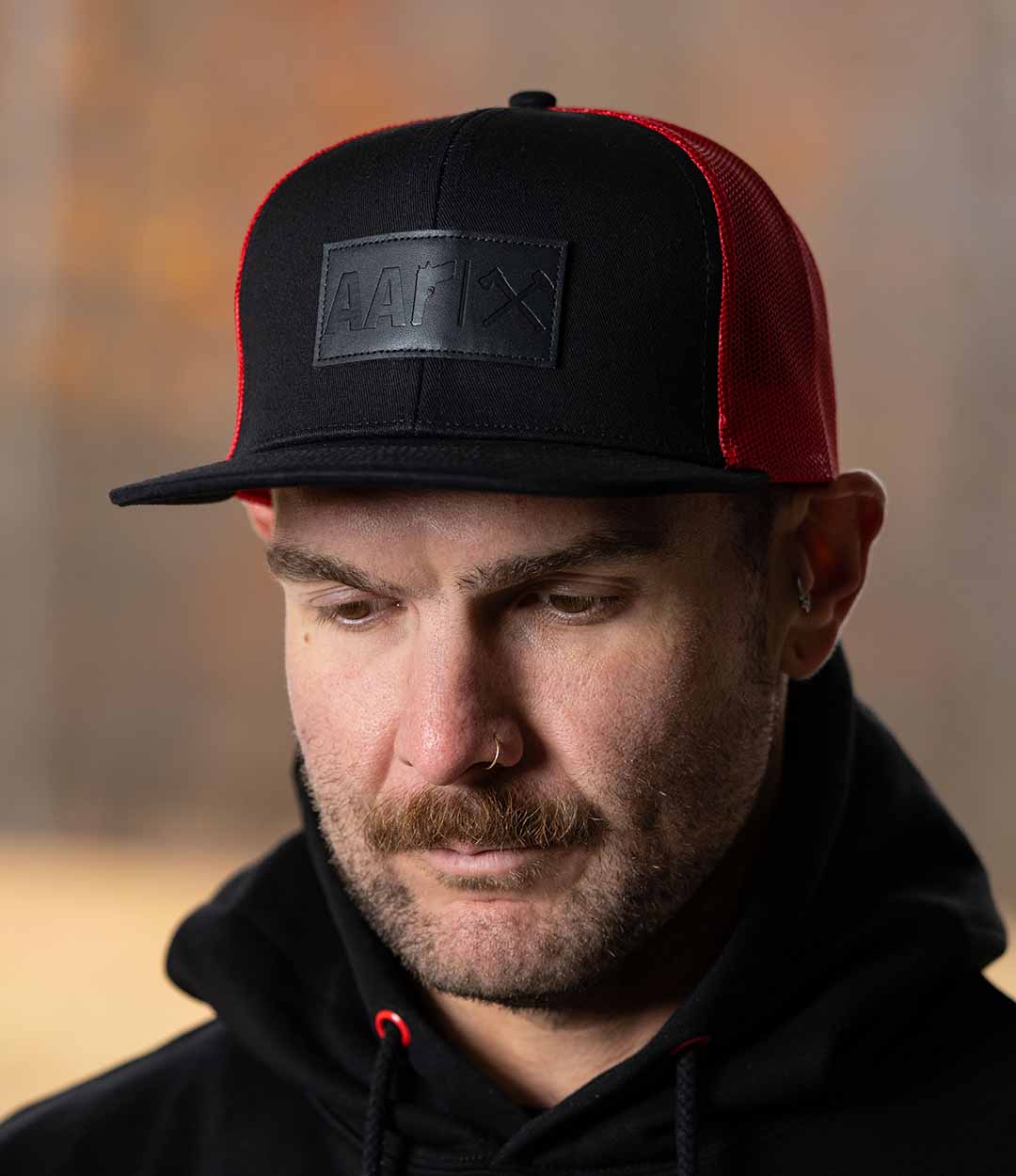 Red/Black Leather Flatbrim Trucker